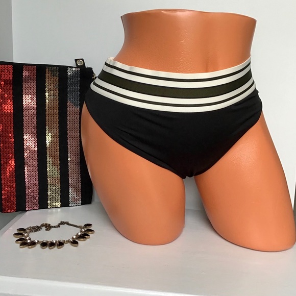 H&M Black & Olive Green Striped High Waisted Bikini Bottom Size 6 - Picture 1 of 7